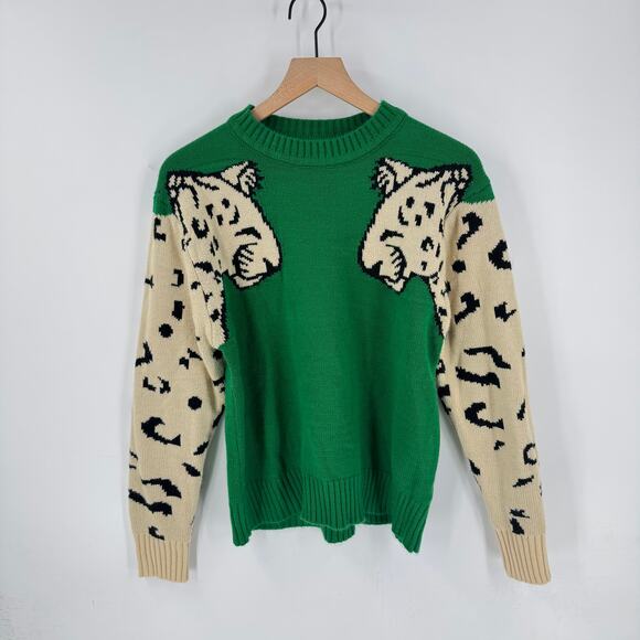 Leopard Sleeve Colorblock Knit Crewneck Sweater Green Cream Angashion Size L - Picture 8 of 8